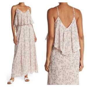 NWT Lovestitch Swiss Dot Floral Maxi Dress Medium Almond Cream Long Ruffle Top